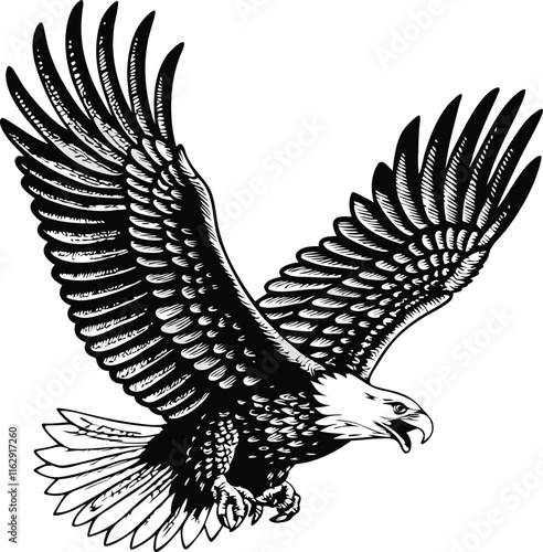 Majestic Bald Eagle Soaring, Wings Spread Wide, Black Ink Drawing