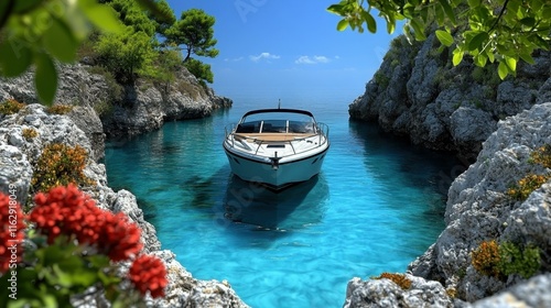 Tropical summer vibes Boat anchored in turquoise waters photo