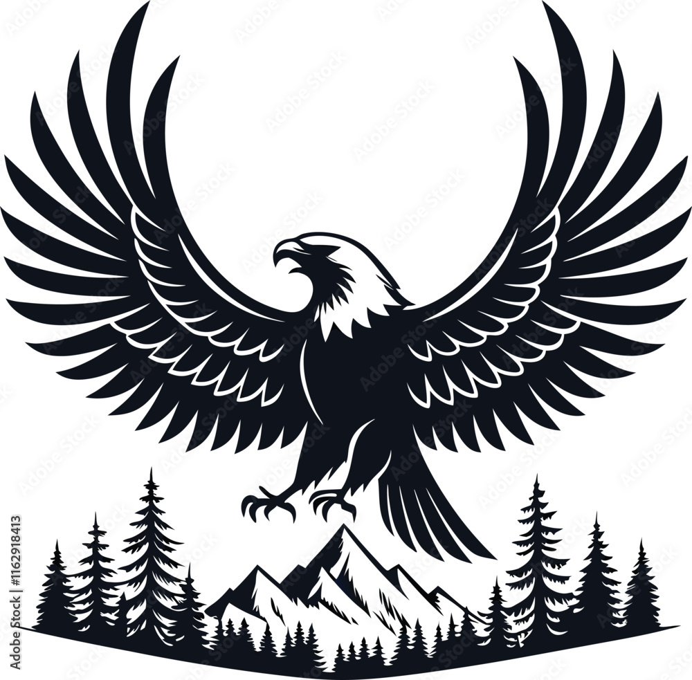 Fototapeta premium Majestic Eagle Soaring Above Mountainous Pine Forest Landscape