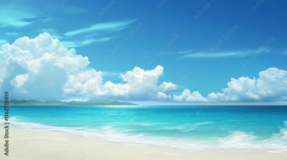 A serene beach scene with clear blue skies and gentle waves lapping at the shore. A serene beach scene with clear blue skies and gentle waves lapping at the shore.