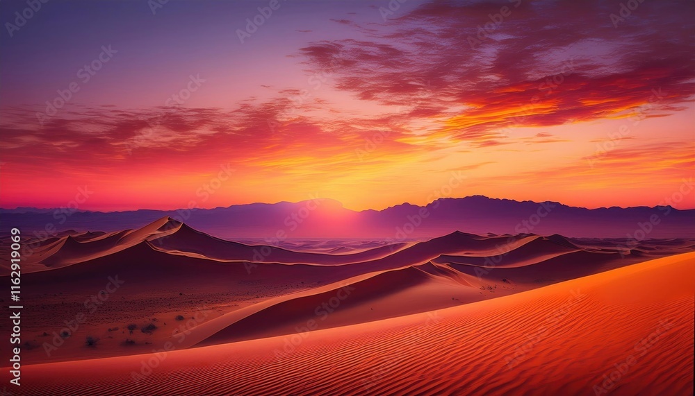 Naklejka premium A stunning desert landscape at sunset, showcasing golden sand dunes under vivid purple and red skies.