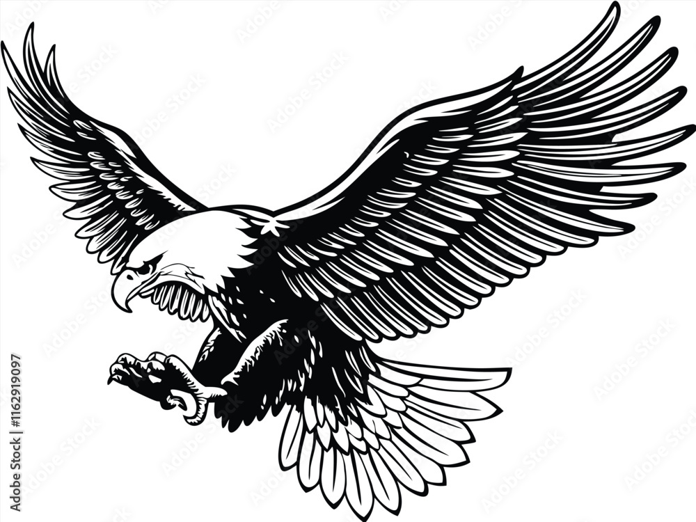 Fototapeta premium Majestic Bald Eagle Soaring, Wings Spread, Black and White