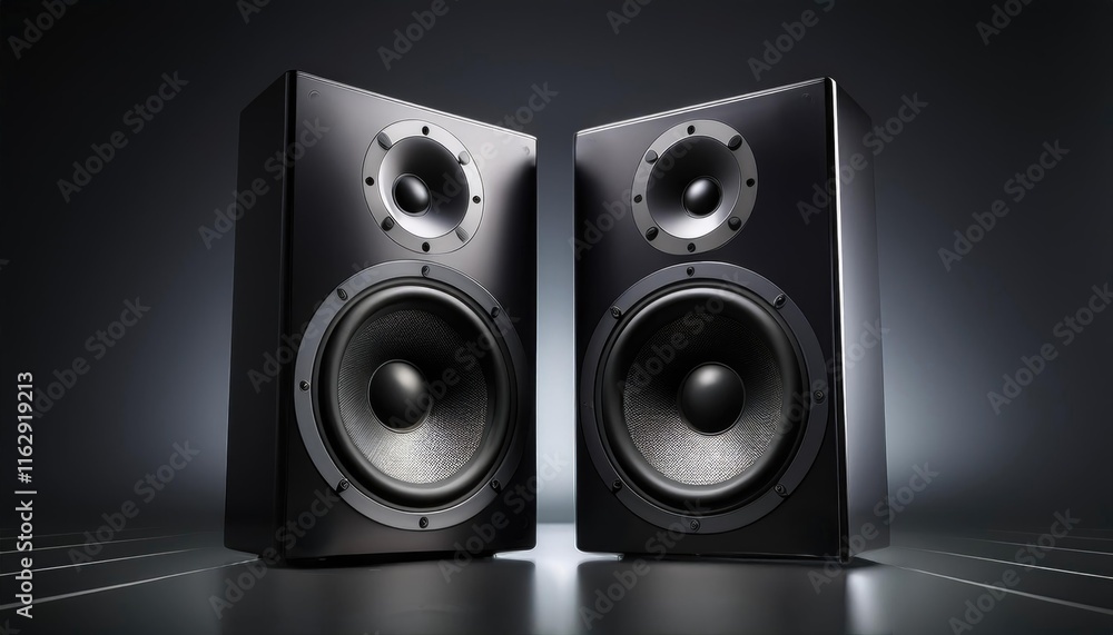 A pair of sleek black audio speakers displayed with a minimalist and modern design. A pair of sleek black audio speakers displayed with a minimalist and modern design.