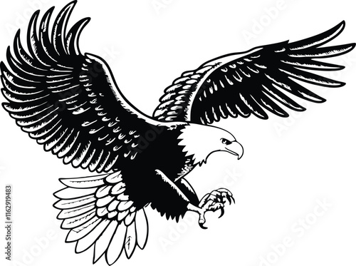 Majestic Bald Eagle Soaring, Wings Spread Wide, Black and White Illustration