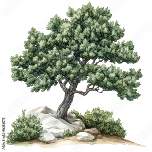 A watercolor vector of a juniper tree, isolated on a white background. Juniper vector.
