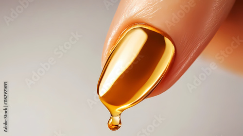 Close-up of a golden nail polish drop hanging from a perfectly manicured fingertip