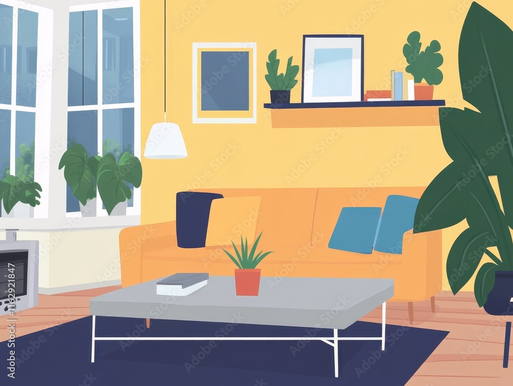 Fototapeta premium A cozy living room with a bright yellow wall, plants, and modern furniture.