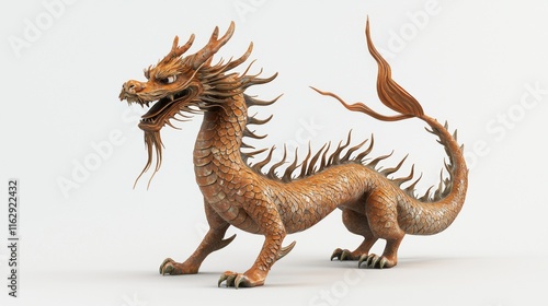 Mythical dragon with intricate detailing in a vibrant orange hue and flowing mane demonstrating its powerful presence photo