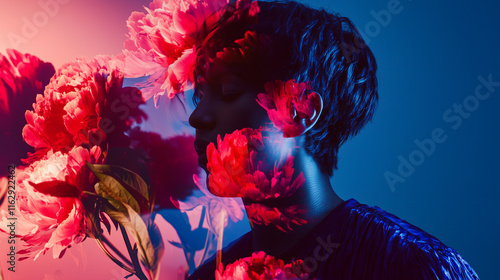 A high-fashion photoshoot of model with peonies 