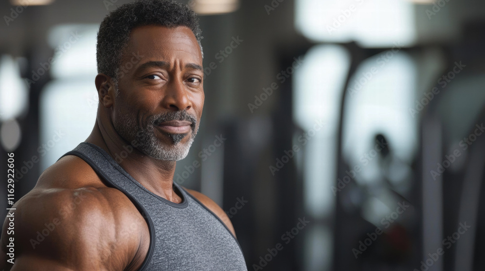 A middle-aged black man with salt-and-pepper hair, dressed in workout gear, standing confidently in a gym setting, with fitness equipment visible in the background A middle-aged black man with salt-and-pepper hair, dressed in workout gear, standing confidently in a gym setting, with fitness equipment visible in the background