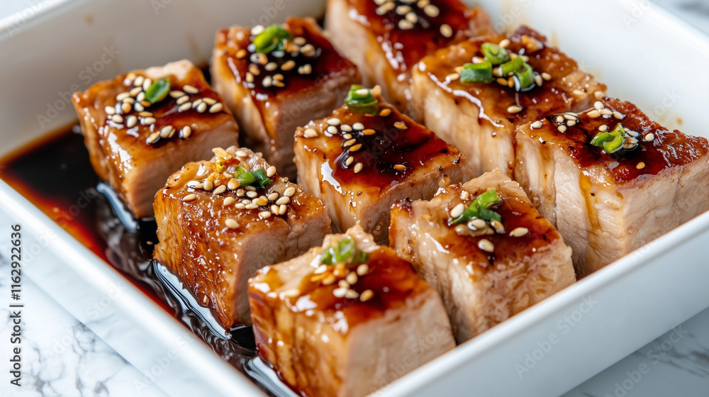 Seared Pork Tenderloin with Hoisin Sauce and Sesame Garnish on a White Rectangular Plate Seared Pork Tenderloin with Hoisin Sauce and Sesame Garnish on a White Rectangular Plate