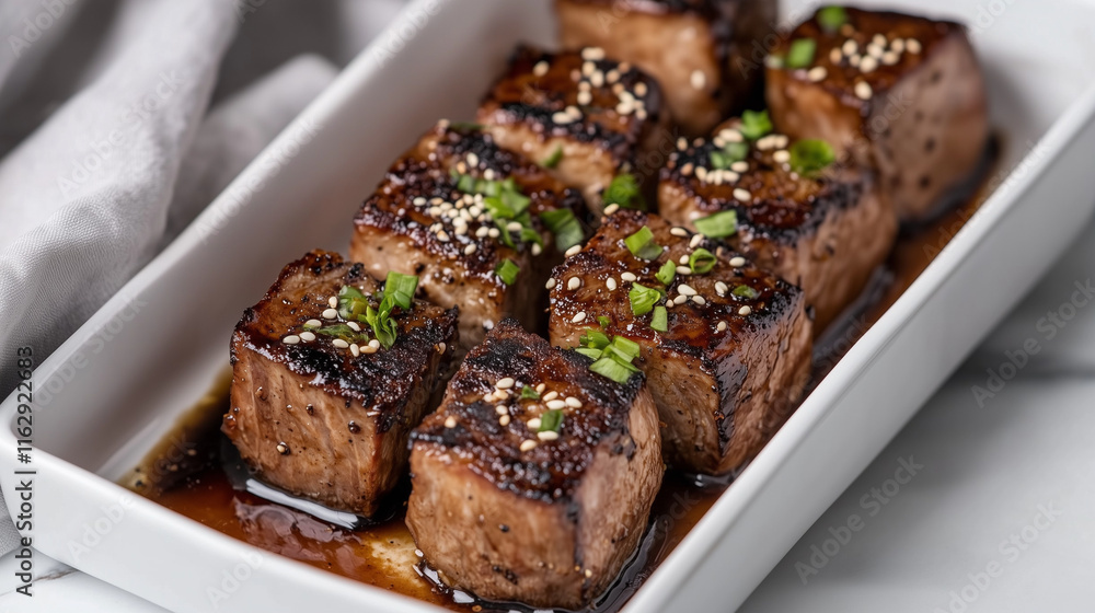 Seared Pork Tenderloin with Hoisin Sauce and Sesame Garnish on a White Rectangular Plate Seared Pork Tenderloin with Hoisin Sauce and Sesame Garnish on a White Rectangular Plate