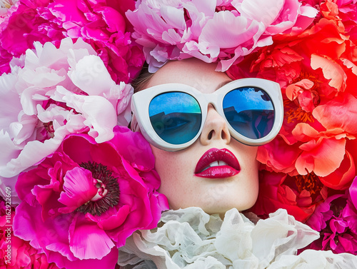 A high-fashion photoshoot of model with peonies 