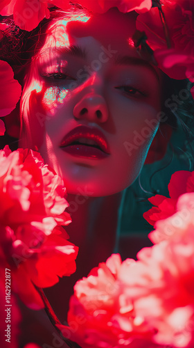 A high-fashion photoshoot of model with peonies 