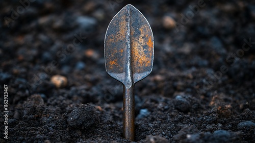 Rusty Shovel Blade In Dark Soil Ground photo