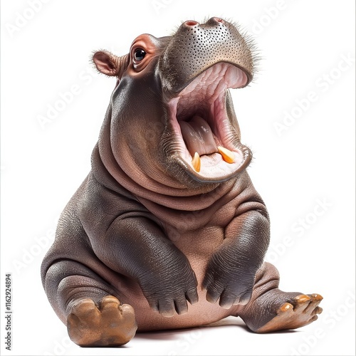 Hippopotamus with wide open mouth on isolated white background. Big discounts, surprise, news, raffle concept. Generated AI photo