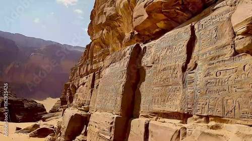 the ancient inscriptions  and  the mountains  in the background photo