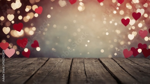 Pink and red hearts bokeh border frame with rustic wood board surface mockup background