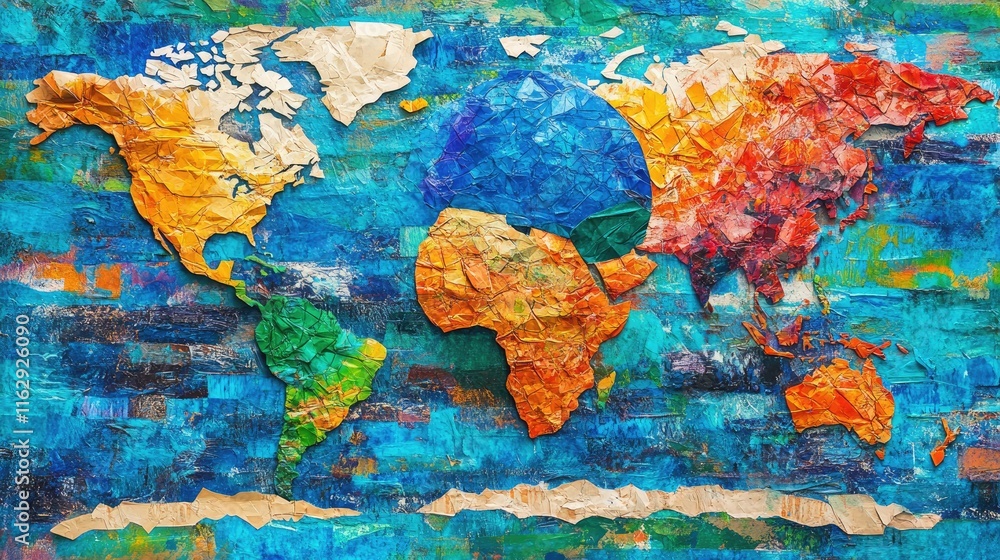 Naklejka premium Colorful crumpled paper world map art.