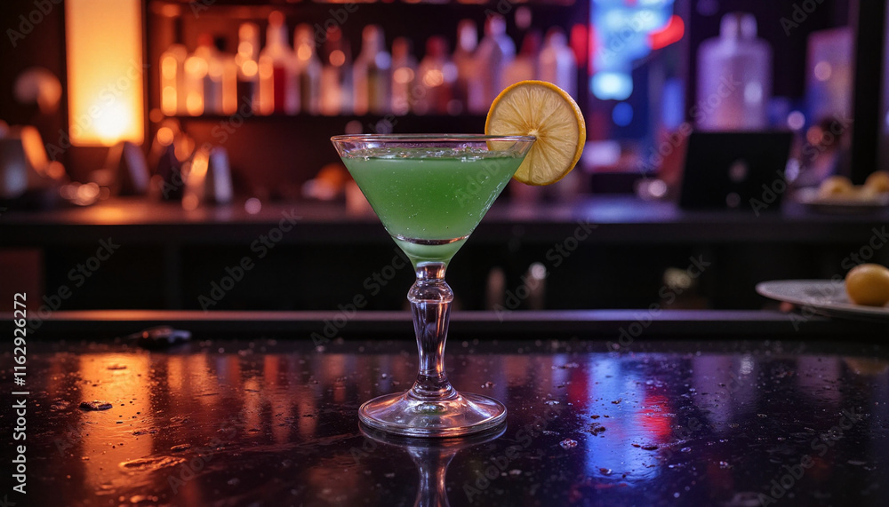 Green cocktail with lemon slice on bar counter Green cocktail with lemon slice on bar counter