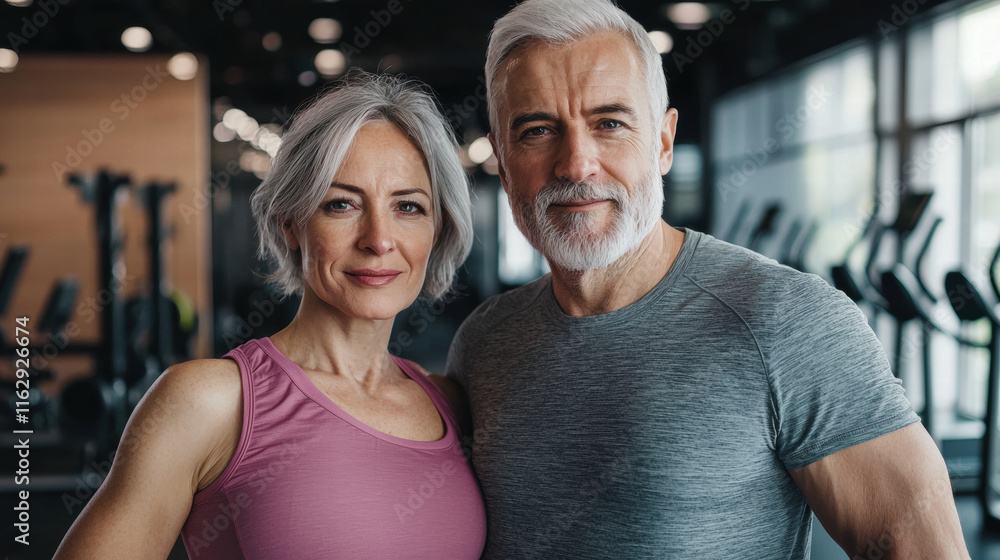 Fototapeta premium A middle-aged couple with salt-and-pepper hair, dressed in workout gear, standing confidently in a gym setting, with fitness equipment visible in the background