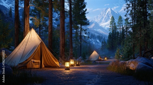 Serene camping scene with tents and lanterns in a mountain landscape. photo