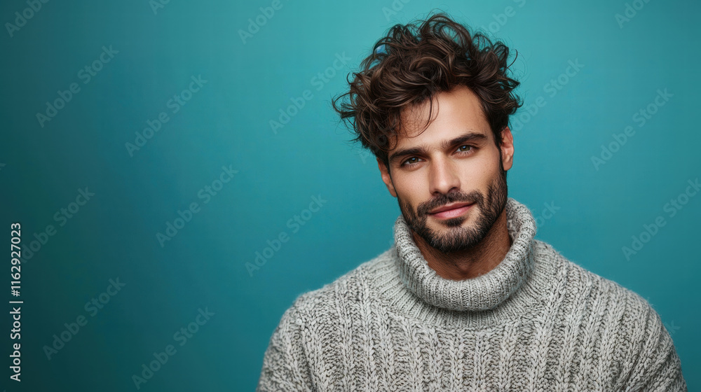 Obraz premium Handsome man with a gentle expression, and a cozy sweater, captured against a vibrant teal-blue background