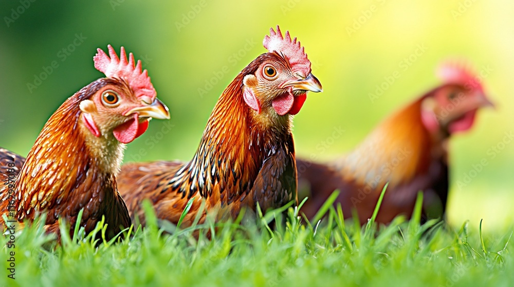 Fototapeta premium Three hens in grass, close-up.