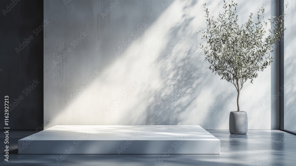 Obraz premium A minimalist interior scene featuring a platform and a potted tree in soft natural light.