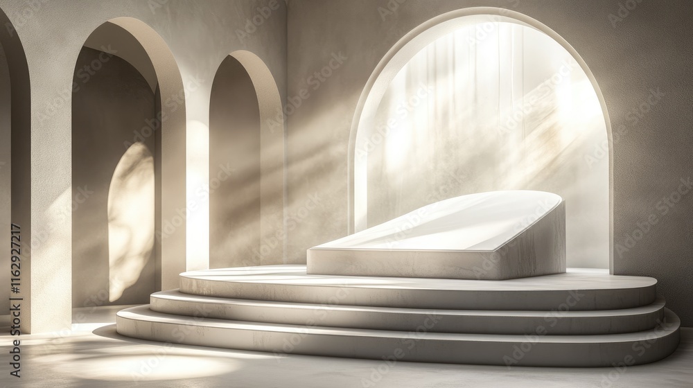 A serene architectural space featuring a minimalist platform illuminated by soft light. A serene architectural space featuring a minimalist platform illuminated by soft light.
