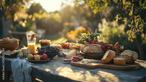 A table set for a rustic picnic with fresh fruits, bread, and cheese.