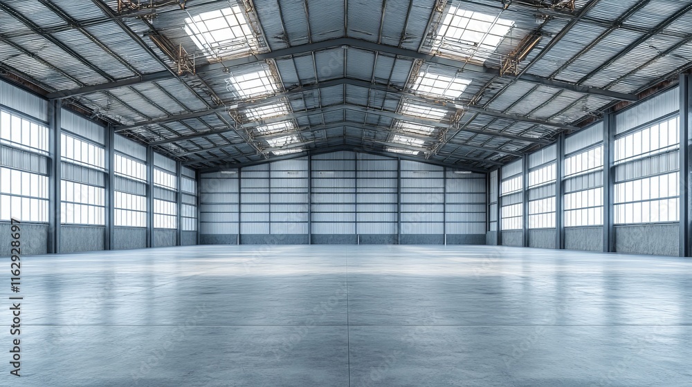 Spacious industrial warehouse with large windows and concrete flooring. Spacious industrial warehouse with large windows and concrete flooring.
