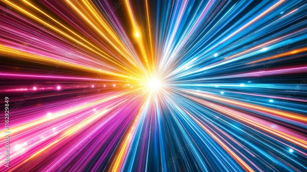 Explosive Burst of Colorful Light Rays Radiating from a Central Bright Source in Abstract Art Explosive Burst of Colorful Light Rays Radiating from a Central Bright Source in Abstract Art