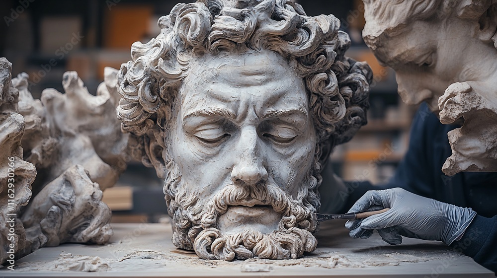Naklejka premium Sculptor Carefully Restores Ancient Stone Head