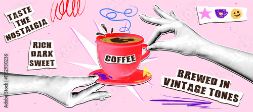 Horizontal banner on coffee theme in retro collage style with pencil doodles and grainy texture. Hand with halftone effect holds a porcelain cup of coffee, the other hand reaches for this cup. 