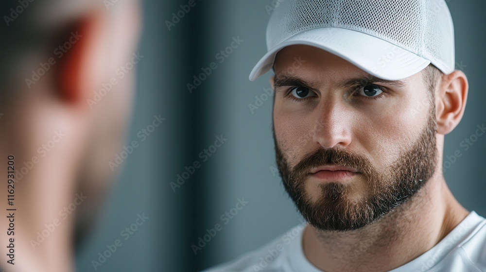 Fitness motivation drives exercise and self-improvement. Intense man in a white cap gazing at his reflection. Fitness motivation drives exercise and self-improvement. Intense man in a white cap gazing at his reflection.