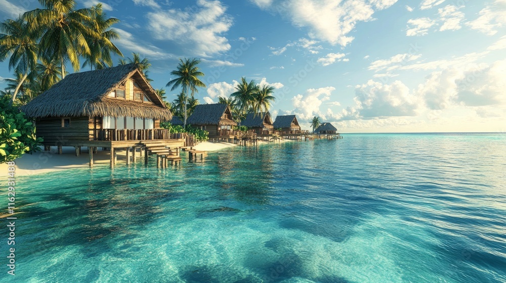 A tropical island with overwater bungalows and crystal-clear water. A tropical island with overwater bungalows and crystal-clear water.
