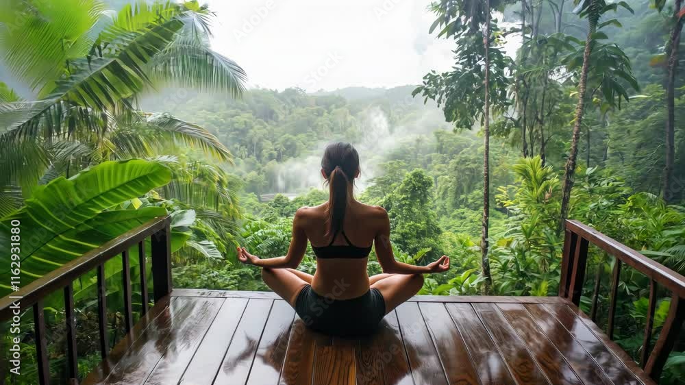 Woman Meditating on Scenic Balcony Woman Meditating on Scenic Balcony
