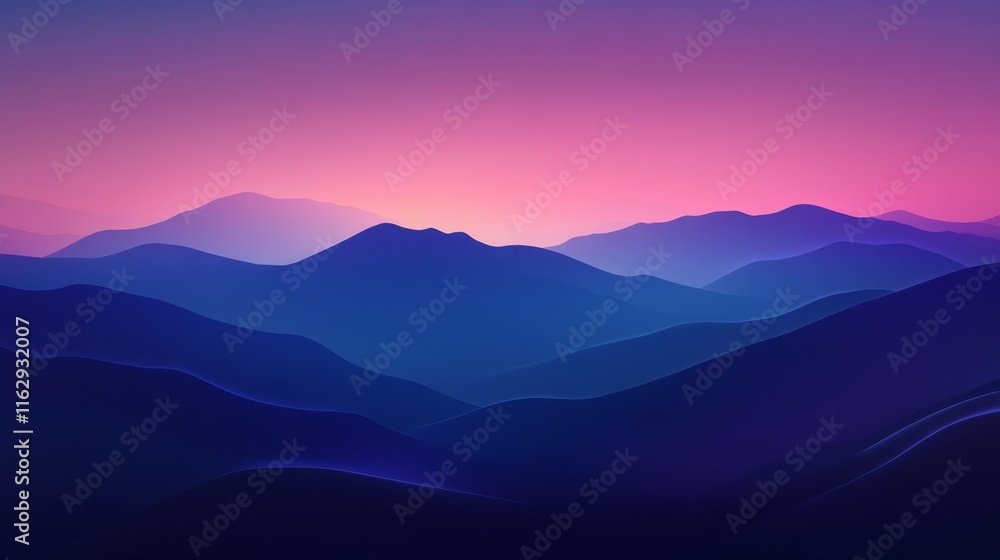 Obraz premium A serene landscape of layered mountains at dusk, showcasing a gradient of purple and blue hues.