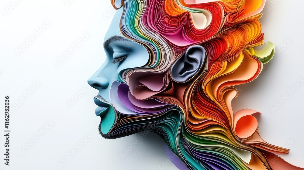A colorful paper art representation of a woman's face, showcasing creativity and design. A colorful paper art representation of a woman's face, showcasing creativity and design.