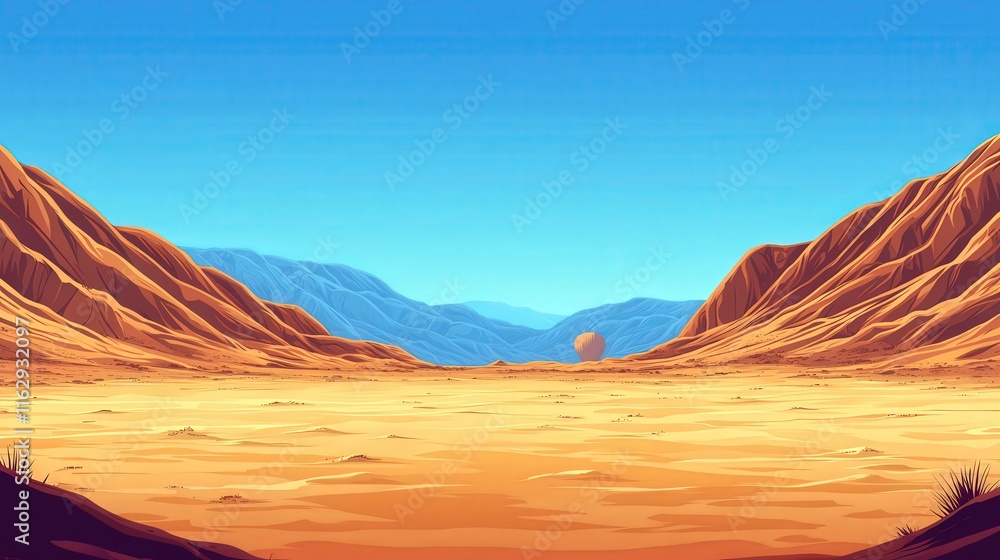 Naklejka premium Stunning Arid Desert Landscape with Vast Sandy Terrain and Majestic Mountain Range under Clear Blue Sky - Perfect for Nature, Travel, Adventure Themes