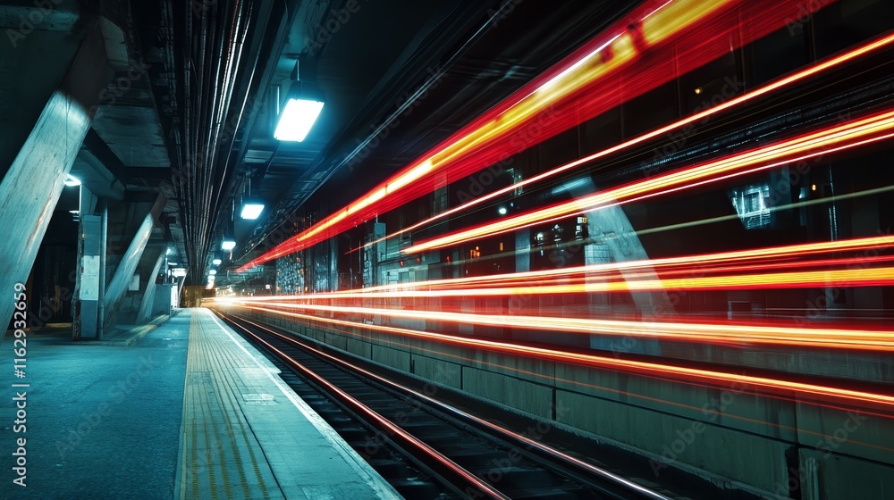A long-exposure shot capturing the motion of a train at a dimly lit station. A long-exposure shot capturing the motion of a train at a dimly lit station.
