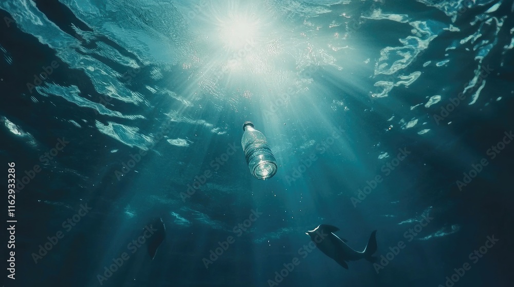 Fototapeta premium An underwater scene depicting a plastic bottle with fish swimming nearby.