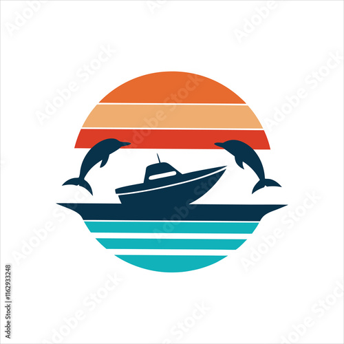 Retro Vintage Dolphin and Boat Illustration for T-shirt Design photo