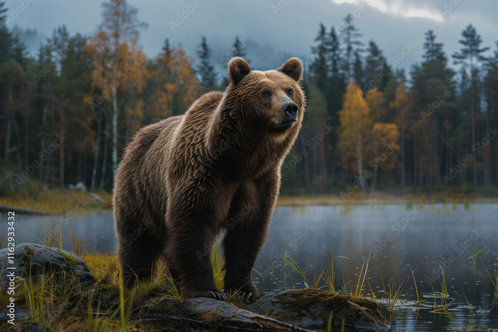 brown bear against the background of a lake,. brown bear against the background of a lake,.
