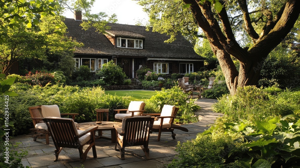 Obraz premium A serene garden with seating around a fire pit, surrounded by lush greenery and a cozy home.