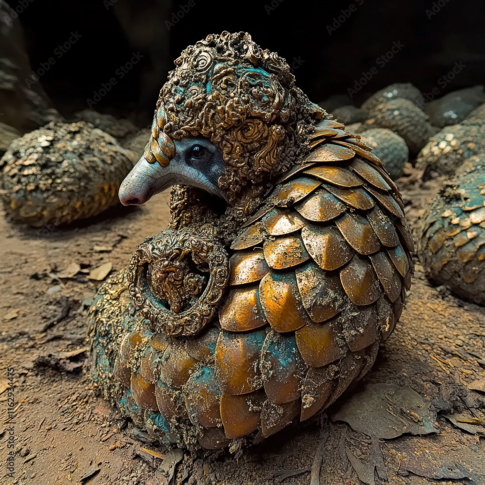 Fototapeta premium Unique Pangolin Sculpture with Intricate Metal Scales and Realistic Texture in Rustic Art Gallery Environment Surrounded by Naturalistic Elements