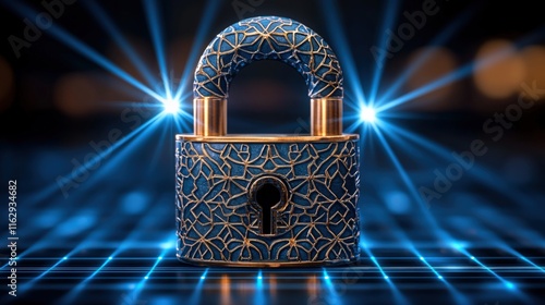 Secure Digital Padlock on Futuristic Grid: Cybersecurity Icon with Sparkling Blue Lights Representing Data Protection and Privacy in the Virtual World photo