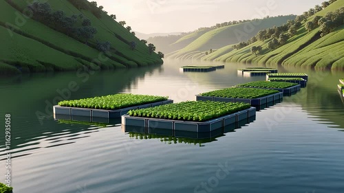 Floating Agricultural Platforms on a Calm River Surrounded by Green Hills in a Sustainable Farming Landscape

 photo