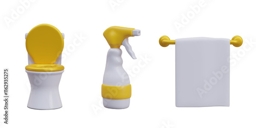 3D items for toilet cleaning concepts. Toilet, spray with detergent, towel holder